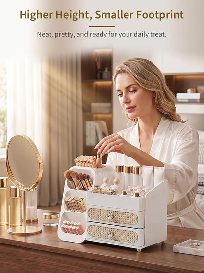 Booklov Makeup Organizer for Vanity, Large Capacity Cosmetic Display Case with Drawers, Countertop Beauty Storage Holder for Skincare, Brush Eyeliner Perfume Eyeshadow Lipsticks, Counter Desk, White