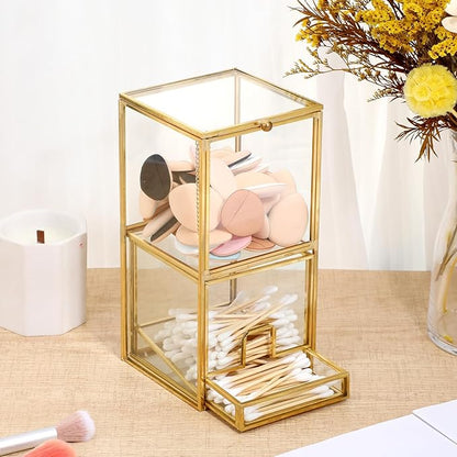 Glass Qtip Holder with Lid, Elegant Glass Q Tip Holder for Bathroom Countertop Organization, 2-Tier Cotton Ball Swab Dispenser with Gold Frame Makeup Pad Cosmetic Storage Case for Vanity Dresser
