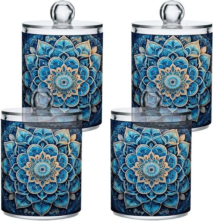 Mandala Pattern Blue Qtip Holder 2 Pack - 10 Oz Clear Plastic Apothecary Jar Set for Bathroom Organization - Versatile Canister Storage for Cotton Balls, Swabs, Rounds