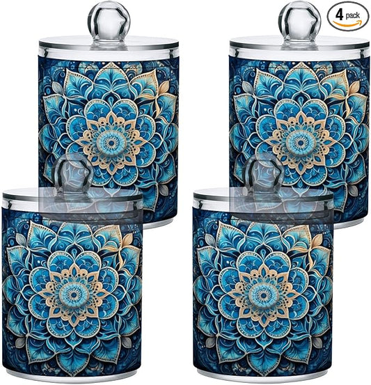 Mandala Pattern Blue Qtip Holder 4 Pack - 10 Oz Clear Plastic Apothecary Jar Set for Bathroom Organization - Versatile Canister Storage for Cotton Balls, Swabs, Rounds