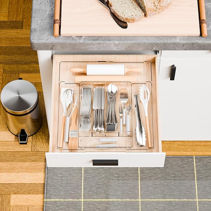 Yieach Acrylic Clear Expandable Kitchen Utensil Drawer Organizer and Silverware Organizer,BPA FREE Adjustable Silverware Tray for Drawer Cutlery,Spatula,Tools,Flatware Organizers,Fork and Spoon Holder