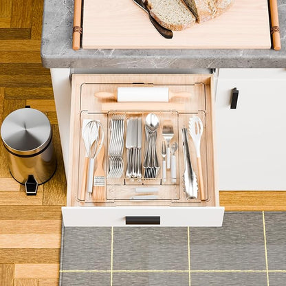 Yieach Acrylic Clear Expandable Kitchen Utensil Drawer Organizer and Silverware Organizer,BPA FREE Adjustable Silverware Tray for Drawer Cutlery,Spatula,Tools,Flatware Organizers,Fork and Spoon Holder