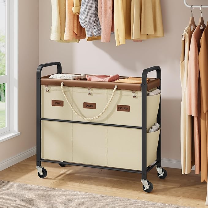 Tajsoon 148L Large Laundry Sorter 3 Section, Laundry Hamper with Heavy Duty Lockable Wheels, Rolling Laundry Cart with Sturdy Metal Frame, Leather Patchwork Laundry Basket with Removable Bag, Beige