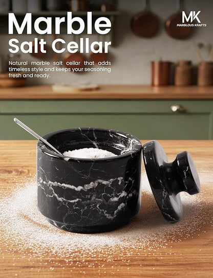 MARBLOUS KRAFTS Marble Salt Cellar with Lid and Spoon 3" Black Zebra Flaky Salt, Seasoning Containers, Ideal small Spices, Sugar Jars, kitchen accessories, Gift for Mom