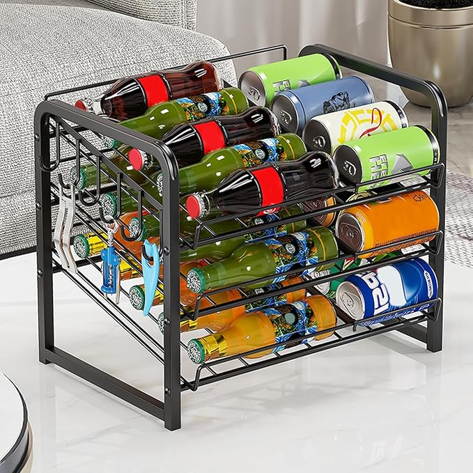 YOXIER Beverage Organizer Shelf Storage Rack Automatic Rolling 2 Tiers Large Capacity Beer Soda Holder Fridge Organizer Refrigerator Dispenser Black Dual Layer