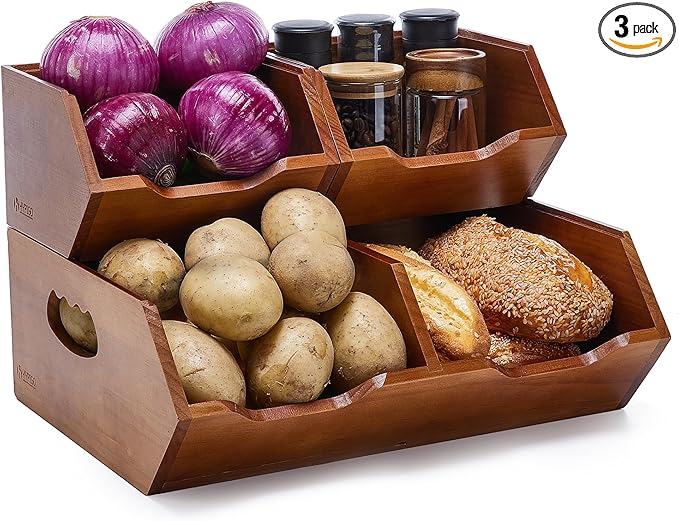 HYPIGO Wood Pantry Storage Baskets, Stackable Large Capacity Potato and Onion Storage Bins, Kitchen Pantry Organizers for Vegetables, Bread, Spices (Set of 3)
