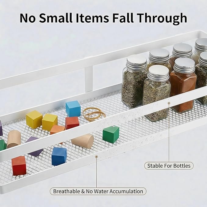 PUSDON 5-in-1 16.5" Extra Long Kitchen Organizer & Shower Caddy Set, Wall Mount Spice Rack with Paper Towel Holder, Utensil Holder & Soap Dish, Rustproof Mesh - White, Guardrail