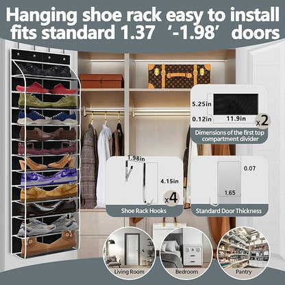 PAULONE 12 Pocket Over the Door Shoe Organizer,Reusable Breathable Large Mesh Bag Men's & Women's Sneaker Organizer,Shoe Organizer for Kids,Hanging Shoe Storage Hanging Bag (Black)