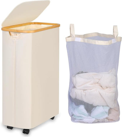 Laundry Basket with Wheels, 75L Beige Clothes Hamper for Laundry, Laundry Hamper with Lid and Inner Bag, for Laundry Room, Bedroom, Dormitory Storage,Beige