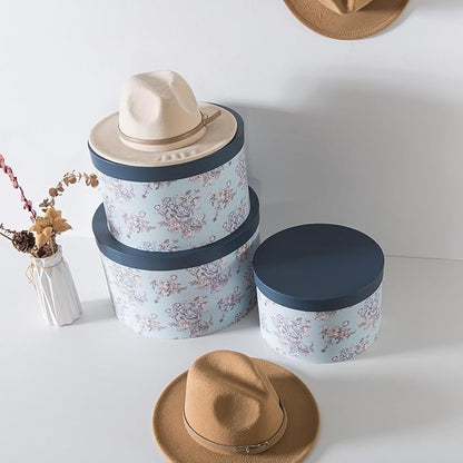 Soul & Lane Cardboard Hat Boxes with Lids – Set of 3 Vintage Storage for Women, Large Round Gift Case for Cowboy or Fedora Hats, Sturdy Paperboard Keepsakes Organizer, Victorian Floral
