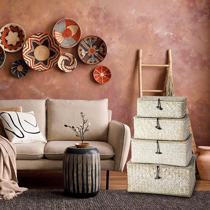 Woanger Set of 4 Wicker Baskets with Lids, Nautral Seagrass Storage Baskets, Woven Rectangular Basket Bins, Rattan Storage Organizer for Shelf Closet Bedroom(White)