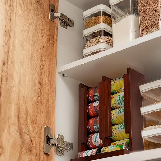HOMESTEAD Wooden Can Organizer for Pantry, Solid Wood Canned Food Rack, Holds Standard 14.2 oz Cans, Space-Saving Kitchen Storage for Cabinets & Countertops (Brown)