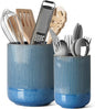 LE TAUCI Utensil Holder for Kitchen Counter, 7.3"+5.4" Fluted Ceramic Utensil Crock Organizer for Countertop, Heavy Large Holder for Spatulas, Spoons, Set of 2, Blue Marble