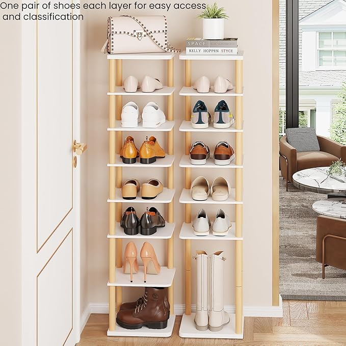 LUCKNOCK Vertical Shoe Rack, 8-Tier Tall Narrow Shoe Organizer for Entryway, Closet, Dorm & Small Spaces, Freestanding Wooden Shoe Shelf Tower for Boots, Sneakers, Heels. (White)