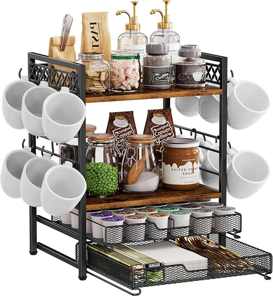 Plaviya Coffee Bar Station Organizer, 4 Tier K Cup Organizer Mug Holder with 12 Hooks, Coffee Pod Holder, Multifunctional Countertop Organizer for Kitchen