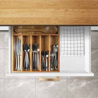 KITEISCAT Acacia Wood Silverware Organizer, Kitchen Utensil Drawer Organizer for Forks & Spoons, 7-Compartment Cutlery Tray, Flatware Holder