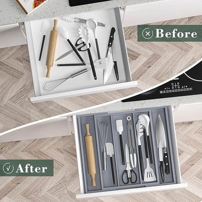 Large Kitchen Utensil Drawer Organizer - Expandable 5 Slots Cooking Utensil Organizer Multipurpose Silverware Organizer for Storage Repair Tools, Painting Tools W13.7"-19.9" x L17.6" X H2.5" (Grey)