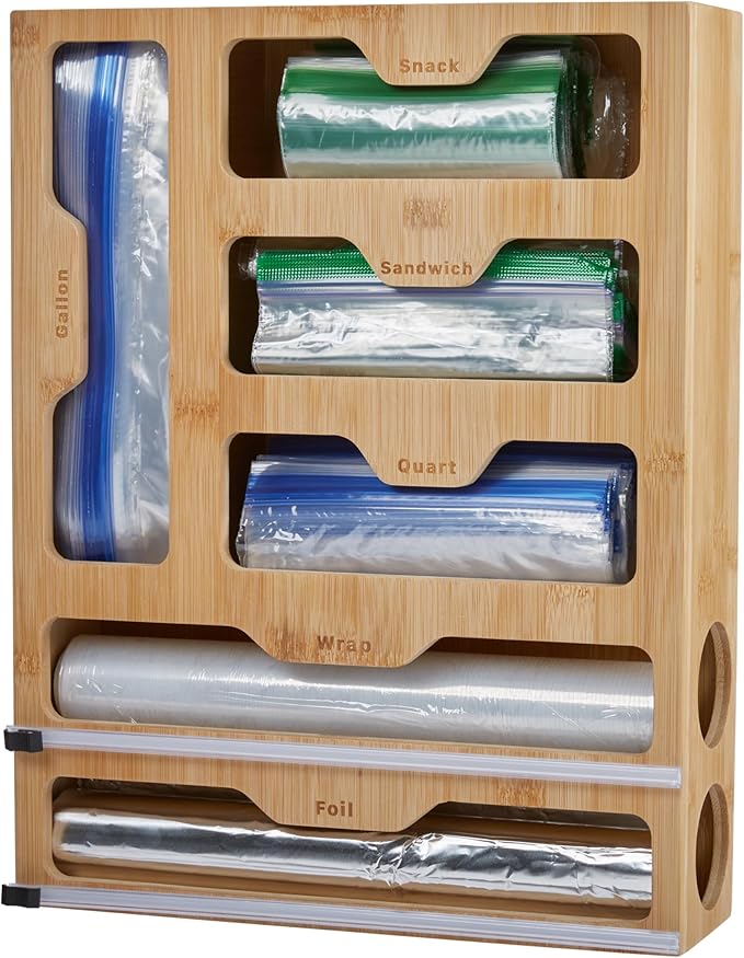 Kitchen Details Drawer Organizer | Multiple Food Storage Bag Compartments | Stores Up to 6 sizes | Kitchen Organization | Built In Slide Cuttlers | Bamboo