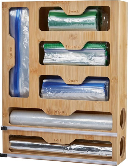 Kitchen Details Drawer Organizer | Multiple Food Storage Bag Compartments | Stores Up to 6 sizes | Kitchen Organization | Built In Slide Cuttlers | Bamboo