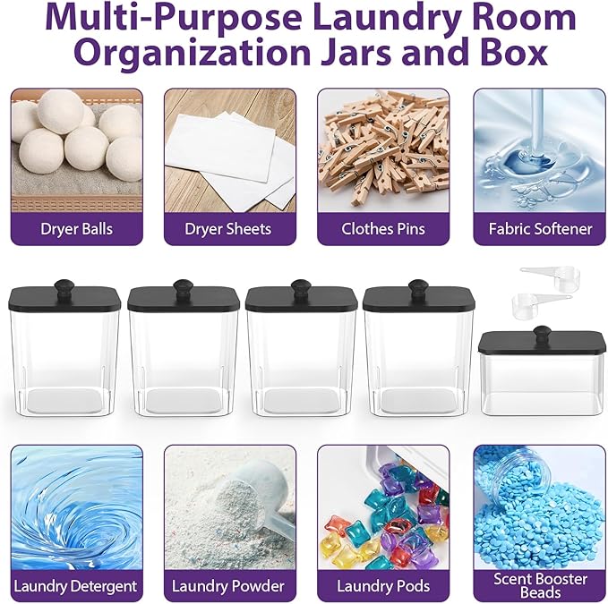COAZEX 4+1 Pack Clear Laundry Pods Container & Dryer Sheet Holder, Plastic Square Laundry Room Organization and Storage Jars with Black Lids, Scoops & Labels for Detergent, Powder, Dryer Balls