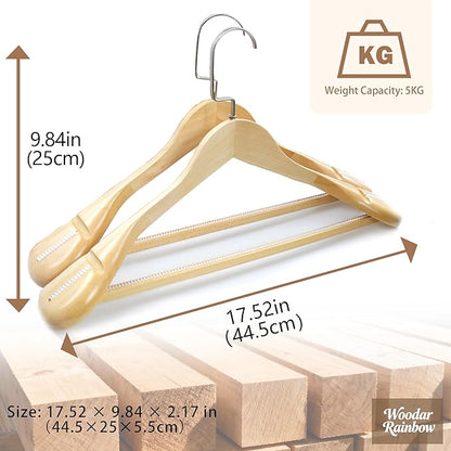 Luxury Wide Shoulder Wooden Coat Hangers with Anti Slip Pants Bar, Solid Wood Thick Jacket Hangers Smooth Finish for Sweater Dress Pants Sport Coats (Natural, 6 Pack), 360° Swivel Pearl Nickel Hook