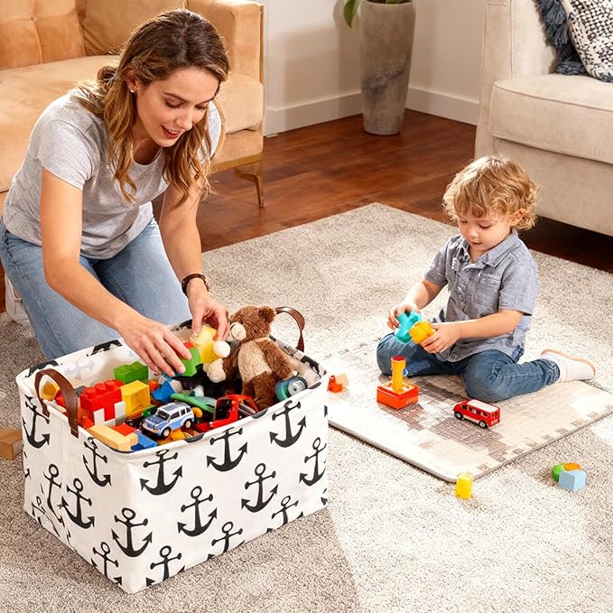 Collapsible Storage Basket with Handles, Waterproof Foldable Organizer Bin 15x10x9 Inches, Nautical Anchor Decor for Toys, Shelves, Home