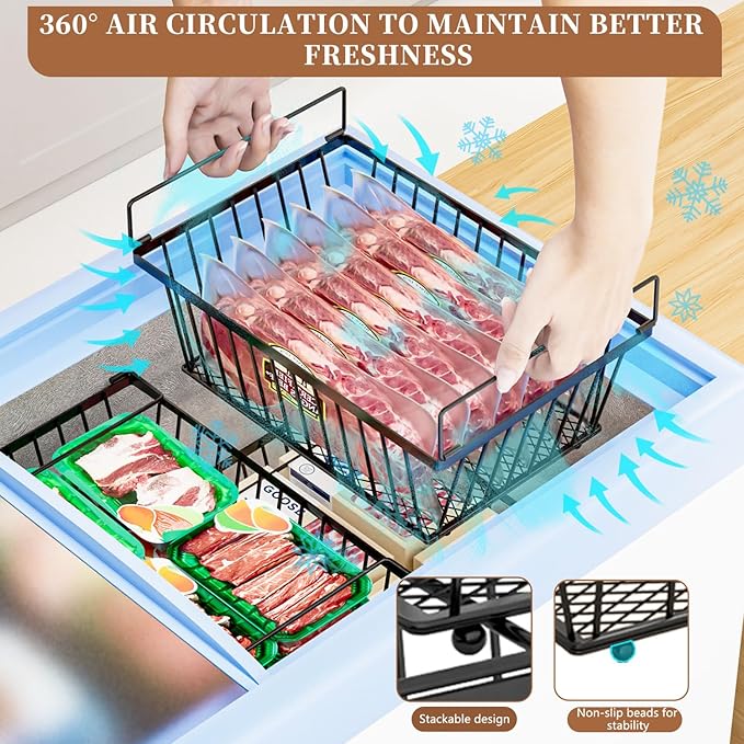 Freezer Organizer Bins ，Enhanced Leak-Proof Bottom，4 Pack Stackable Deep Freezer Organizer Bins for 5 Cu.FT Small Chest Freezer，organization and storage，pantry organizers（for 5 Cu.Ft