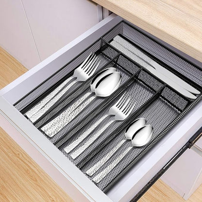 E-far Silverware Drawer Organizer, Mesh Wire Utensil Tray Drawer Organizer for Kitchen, Black Narrow Metal Flatware Cutlery Holder/Divider, 5 Compartment & Small Size - 12.5 x 9.25-Inch