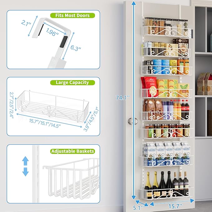 Over the Door Pantry Organizer - 8-Tier Adjustable Pantry Organization And Storage, Metal Hanging Door for Kitchen Pantry Organizers，White