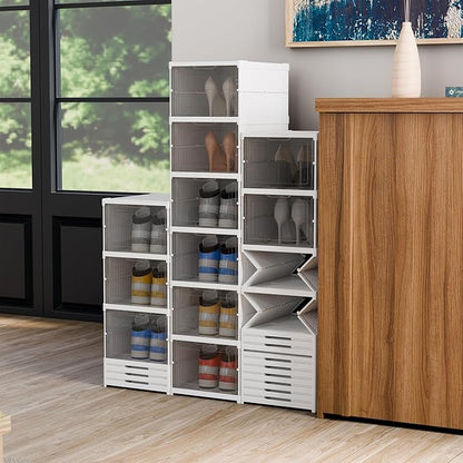 YIIHAA 6 Tier Shoe Rack Shoe Storage Box Size up to 14, No Assembly Stackable with Clear Door, Free Standing Shoe Shelf Cabinet with Lid, Plastic Shoe Rack (Whtie)