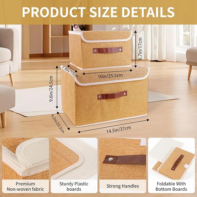 Small Storage Bin with Lid Storage Boxes,Collapsible Linen Storage Basket Container with Lid Storage Cube for Organizing Closets,3 Pack(Light brown)