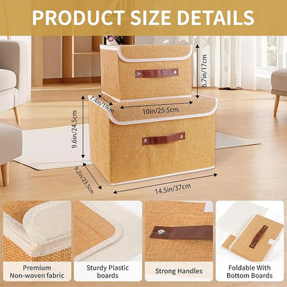 Small Storage Bin with Lid Storage Boxes,Collapsible Linen Storage Basket Container with Lid Storage Cube for Organizing Closets,3 Pack(Light brown)