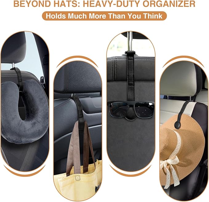 2-Pack Magnetic Cowboy Hat Holder for Truck, Leather Hat Rack Clip for Car Headrest, Travel Hat Hanger Organizer, Strong Grip Keeps Shape, Space-Saving Car Accessories ﻿