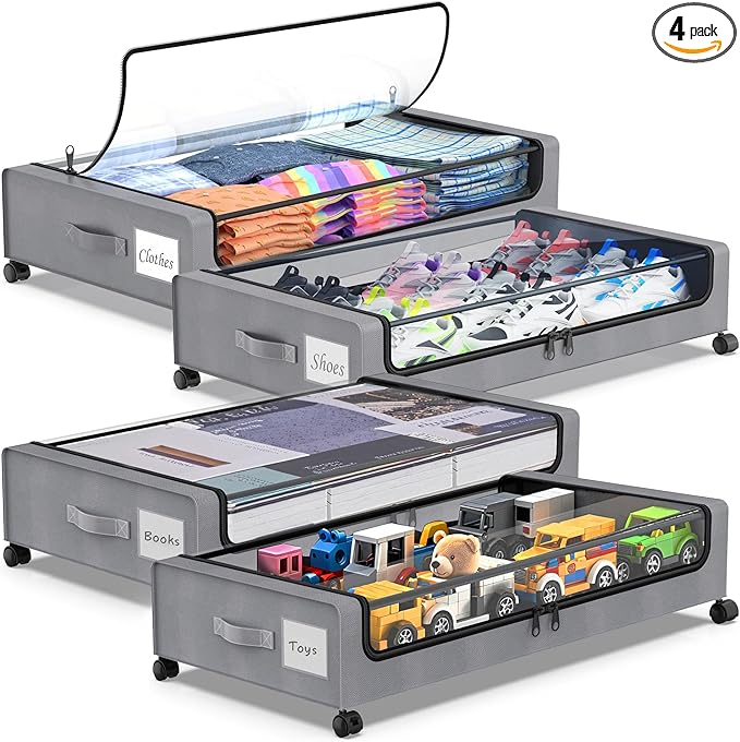 Molutsody Under Bed Storage with Wheels, 4-Pack Underbed Storage Containers with Clear Lids, Under Bed Shoe Storage Organizer, Rolling Under Bed Storage for Clothes Shoes Blankets (Grey)