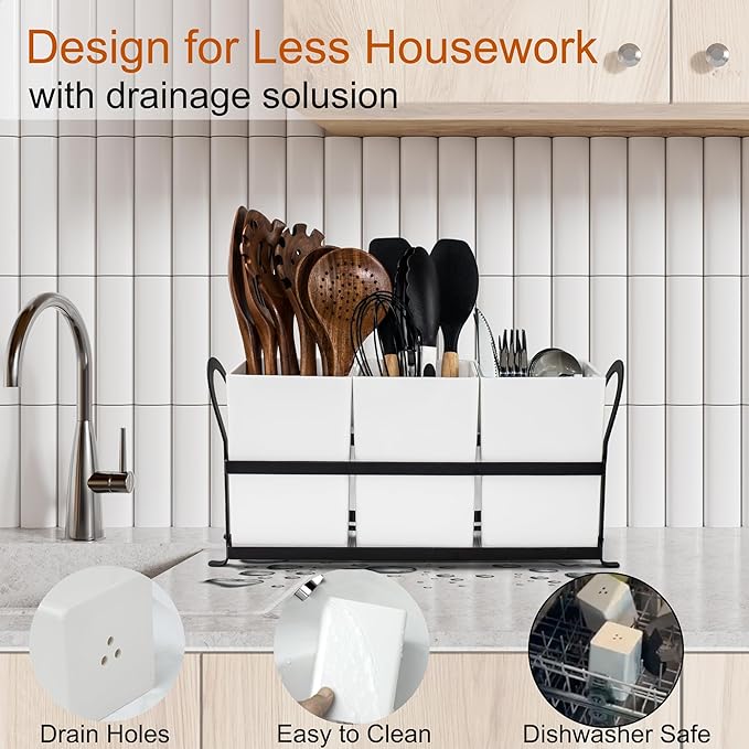 Czlizdyt Large Kitchen Utensil Holder, Drainage Utensil Caddy for Countertop, 3pcs Bins Set Cooking Utensil Organizer for Spoons, Spatulas, White