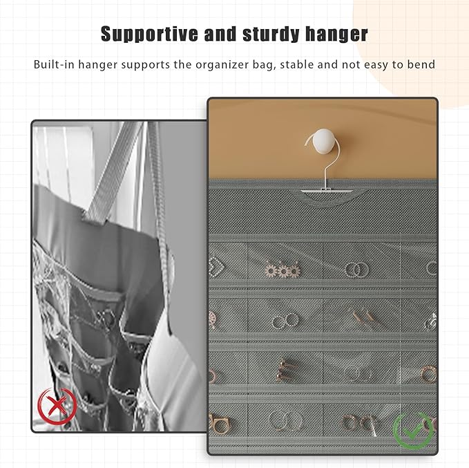 1 Pack Hanging Jewelry Organizer 80-Pocket Dual-sided Jewelry Storage for Earring Necklace Bracelet Ring Travel Holder, Gray