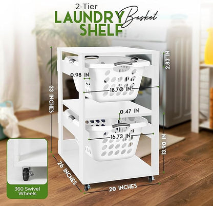 Laundry Basket Holder Shelf – Stackable Engineered Wood Laundry Tower with Wheels, Tiered Laundry Hamper Organizer for Bathroom, Bedroom, Closet (White, 2 Tier)