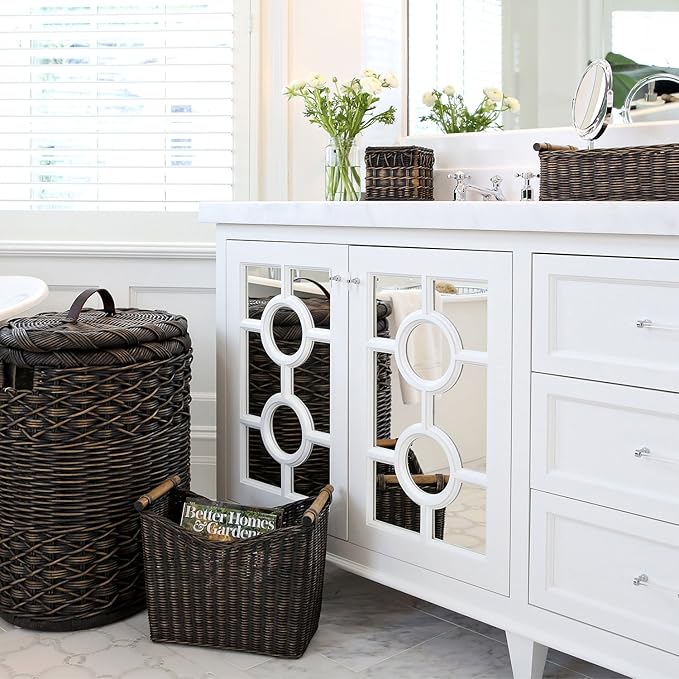 The Basket Lady Narrow Wicker Magazine Basket, Large, 14 in L x 7.5 in W x 12 in H, Antique Walnut Brown