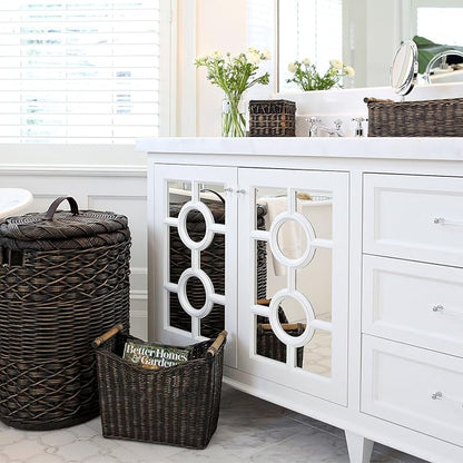The Basket Lady Narrow Wicker Magazine Basket, Large, 14 in L x 7.5 in W x 12 in H, Antique Walnut Brown