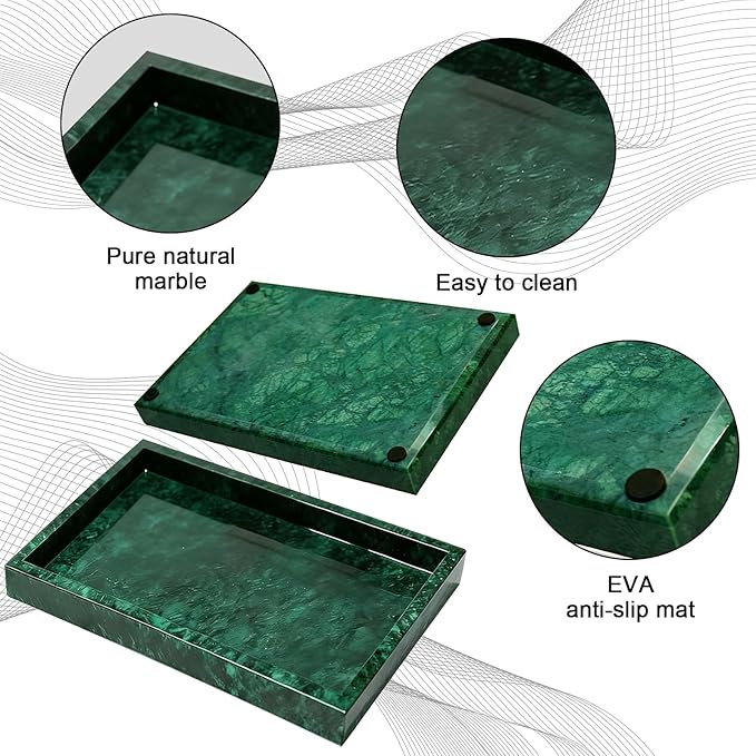 Pure Natural Marble Tray for Bathroom, Dresser, Sink. Cosmetics, toiletries, perfumes, Jewelry, Candles, etc. can be Placed (Jade Green, 12" x 8" x 1.2")