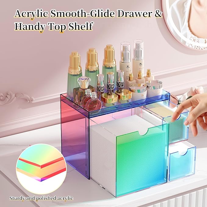 Youdepot Acrylic Face Towel Holder with Drawer – 4-Layer Disposable Face Towel Holder Organizer Box – Bathroom Countertop Storage for Cotton Pads, Swabs, and Skincare (Rainbow)
