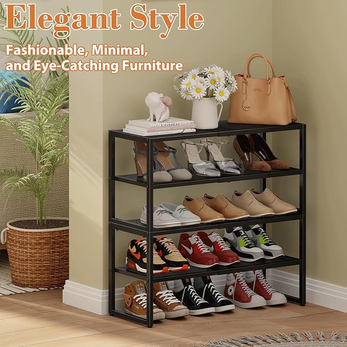 2 Tier Shoe Rack Organizer for Closet and Entryway, Expandable & Stackable Metal Shoe Storage Shelf, Adjustable Small Shoe Rack (17.52-28.74 in), Black