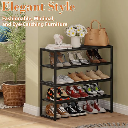 2 Tier Shoe Rack Organizer for Closet and Entryway, Expandable & Stackable Metal Shoe Storage Shelf, Adjustable Small Shoe Rack (17.52-28.74 in), Black