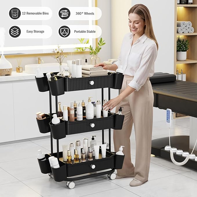 3 Tier Drawer Beauty Cart with 12 Movable Storage Organizer, Thickened ABS & 360° Wheels for Salon Station for Hair Stylist, Beauty Salon, Spa Massage Parlor, Makeup Organizer and More - Black