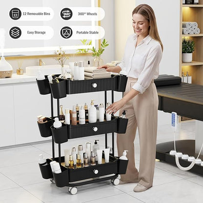 3 Tier Drawer Beauty Cart with 12 Movable Storage Organizer, Thickened ABS & 360° Wheels for Salon Station for Hair Stylist, Beauty Salon, Spa Massage Parlor, Makeup Organizer and More - Black