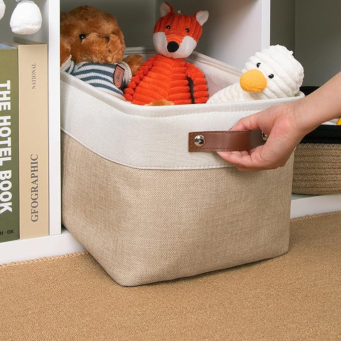 DULLEMELO Fabric Storage Basket for Shelves/Closets, Collapsible Rectangle Basket for Organizing Clothes, Towels, Books, Laundry, Nursery, Dog Basket Empty (White&Khaki)