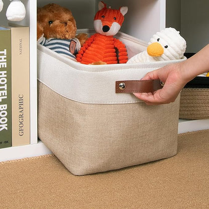 DULLEMELO Fabric Storage Basket for Shelves/Closets, Collapsible Rectangle Basket for Organizing Clothes, Towels, Books, Laundry, Nursery, Dog Basket Empty (White&Khaki)