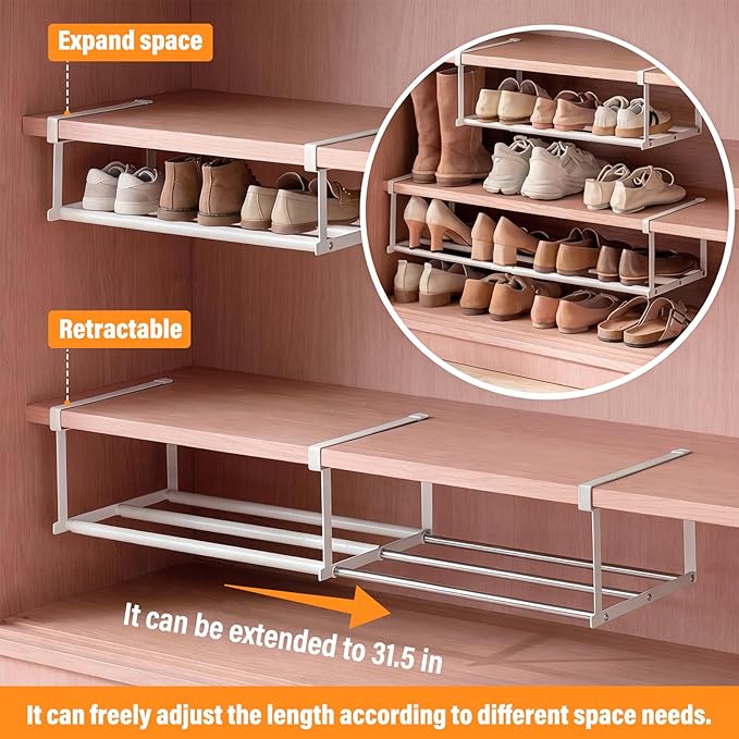 Qianyu 2 PCS Expandable Shoe Rack Organizer Adjustable Under Cabinet Shoe Rack Retractable Hanging Shelf for Space Saving Clothing Storage Dorm Room (White)