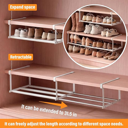 Qianyu 2 PCS Expandable Shoe Rack Organizer Adjustable Under Cabinet Shoe Rack Retractable Hanging Shelf for Space Saving Clothing Storage Dorm Room (White)