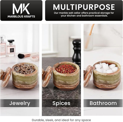 MARBLOUS KRAFTS Green Onyx 3" Small Salt Cellar Set of 2 Handmade Marble Salt Container with Lid for Countertop, Spice Jar, Sugar Bowl, Salt & Pepper Holder, Kitchen Gift